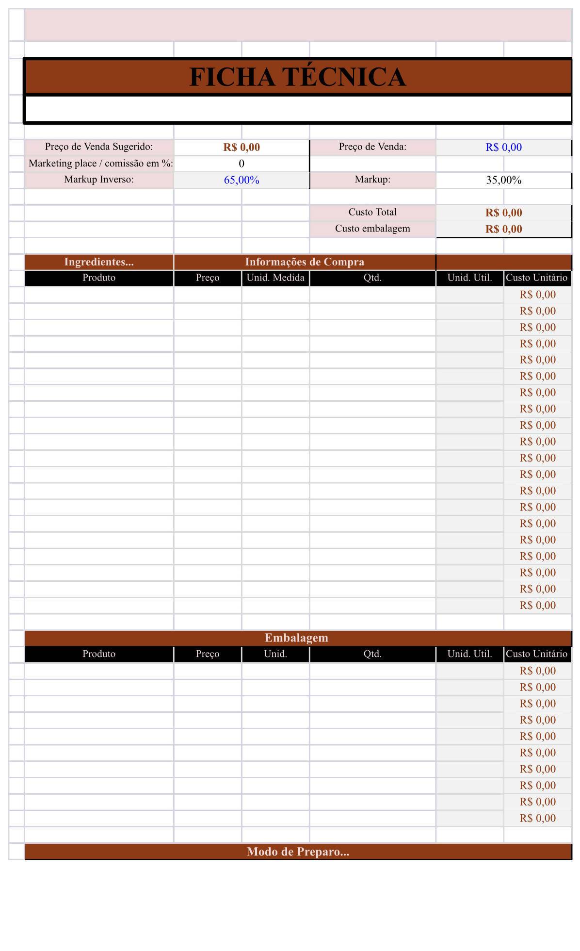 Planilha Ficha T Cnica Para Restaurante Em Excel Planilhas Prontas