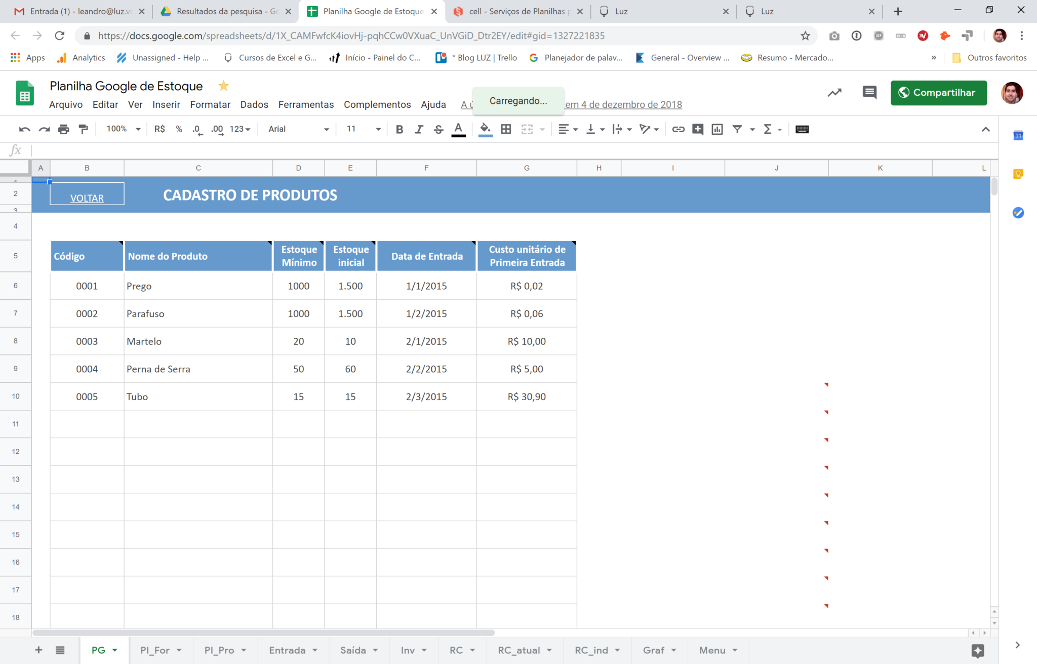 Planilha Google De Estoque Planilhas Prontas