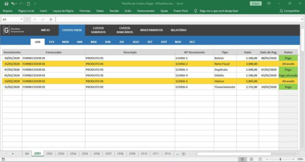 Planilha De Contas A Pagar Com Análises Mensais De Desempenho Em Excel