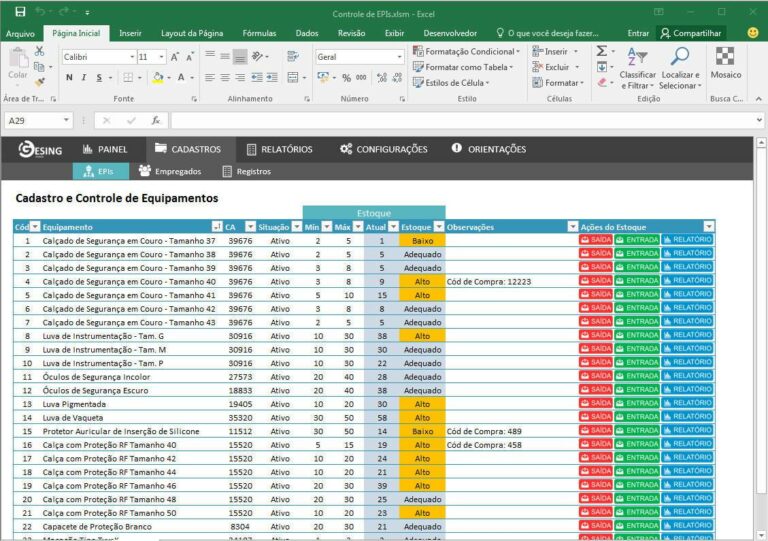 Planilha Para Controle De Estoque De EPI E Emissão De Ficha De EPI ...