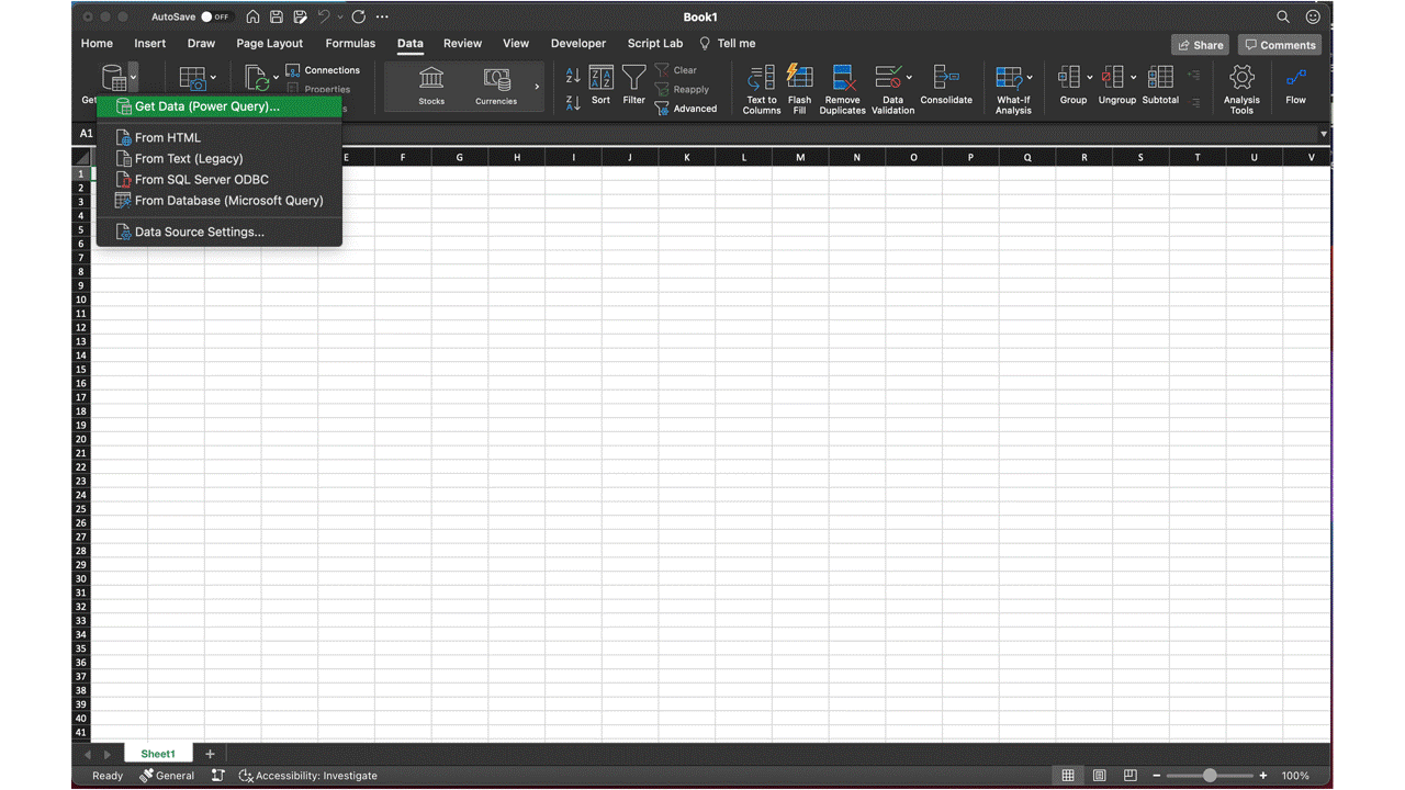 Importe dados de arquivos locais usando o Power Query no Excel para Mac